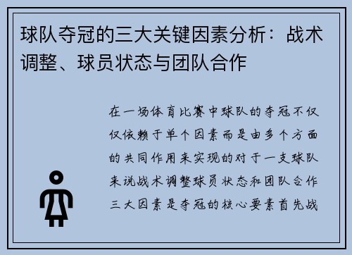 球队夺冠的三大关键因素分析：战术调整、球员状态与团队合作